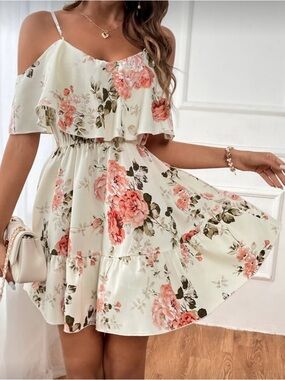 SHEIN Floral Off Shoulder Mini Dress XL Pink Cream Ruffle Summer Dress